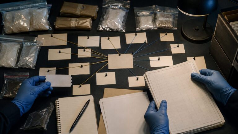 Sealed narcotics evidence, transport records and financial documents being examined in an investigation room