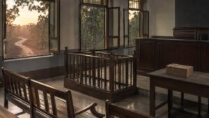 An empty district courtroom overlooking a forest road, representing accountability after the Jhiram Ghati attack