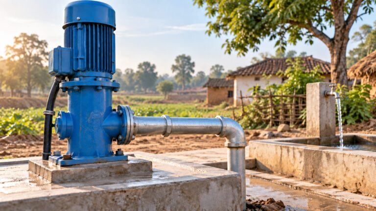 Illustrative rural water pump and connected pipework near a village tap