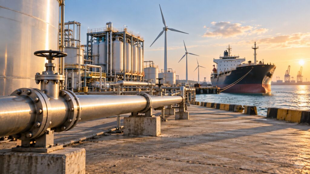 Illustrative marine fuel transfer connection beside storage tanks and a cargo ship