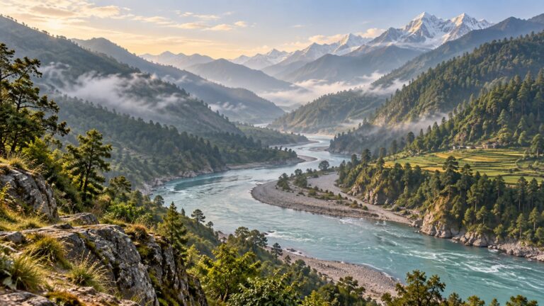 Illustrative Himalayan river valley with flowing water between forested rocky slopes