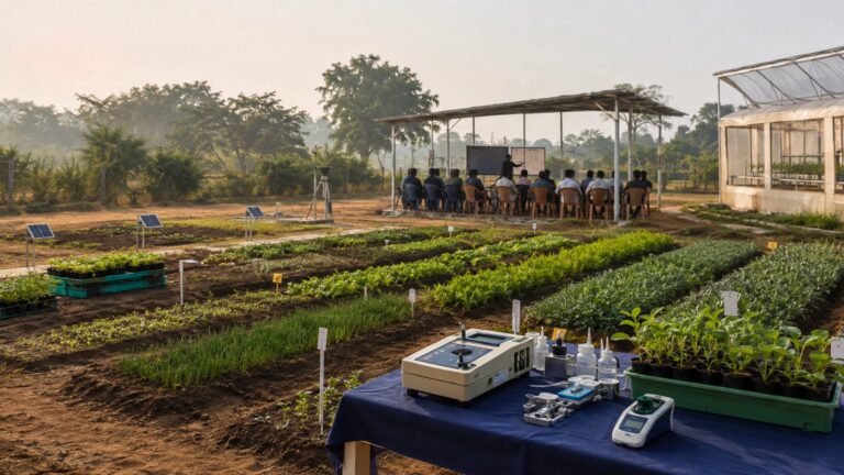 Krishi Vigyan Kendra field demonstration with crop trials and agricultural training facilities