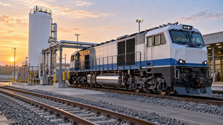 Illustrative rail locomotive beside an insulated cryogenic storage vessel and transfer pipes