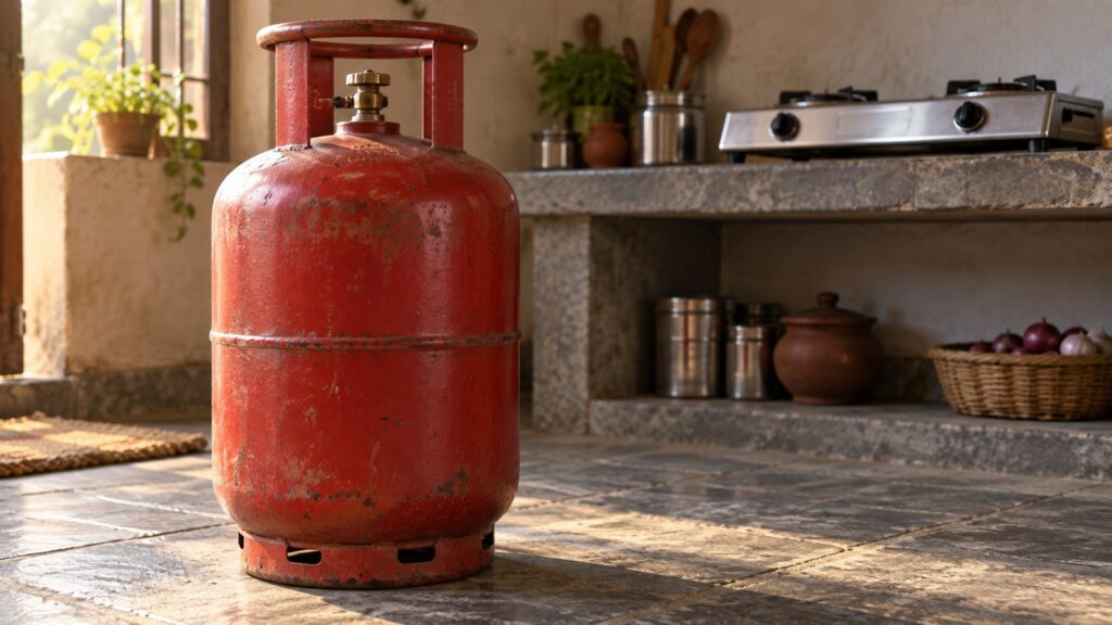 Illustrative unbranded LPG cylinder beside an unlit domestic cooking stove