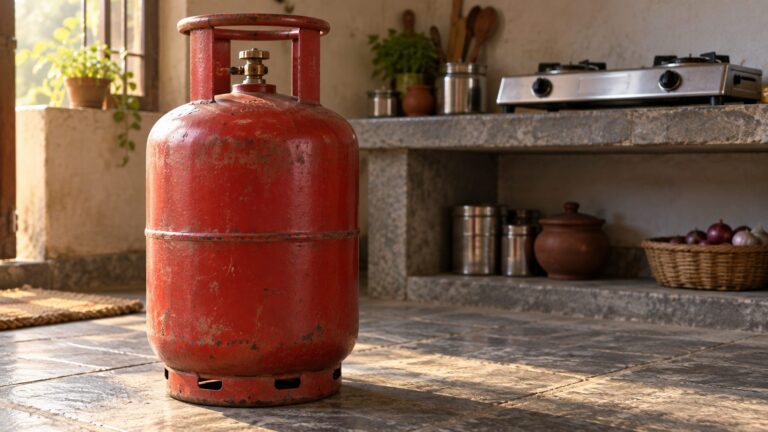Illustrative unbranded LPG cylinder beside an unlit domestic cooking stove