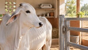 A young white zebu in a clean livestock shelter beside a secure gate