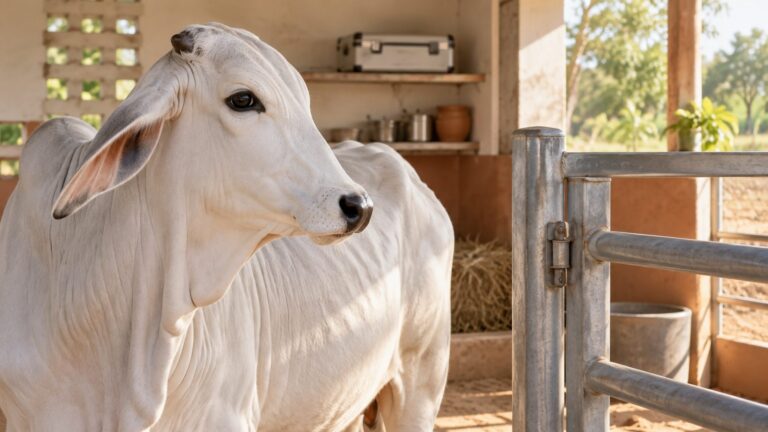 A young white zebu in a clean livestock shelter beside a secure gate