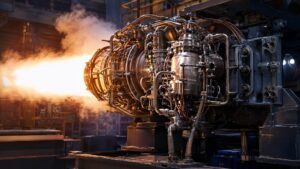 A semi-cryogenic rocket power-head test article firing on an industrial propulsion test stand