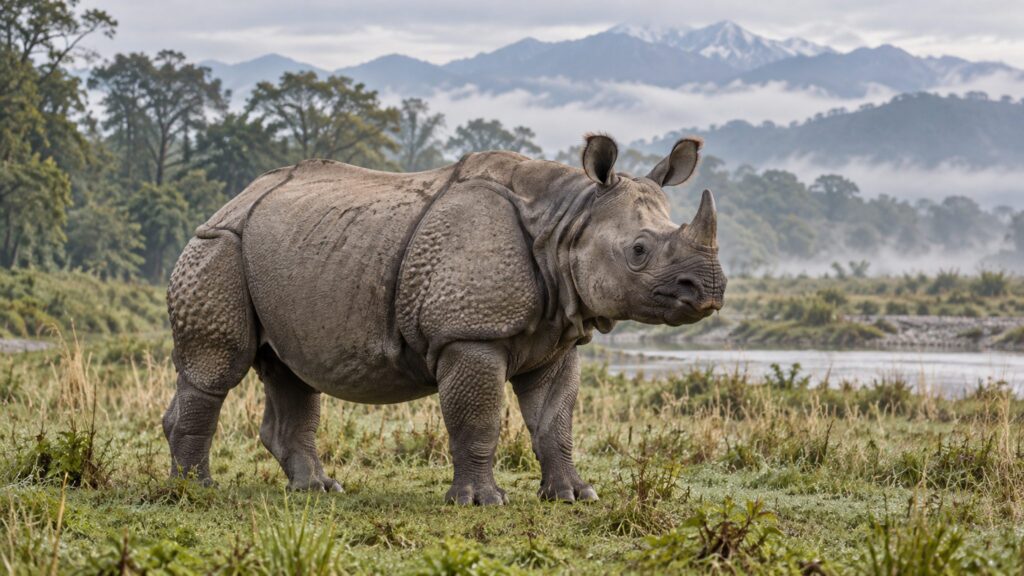 Illustrative greater one-horned rhinoceros in a grassland and woodland landscape