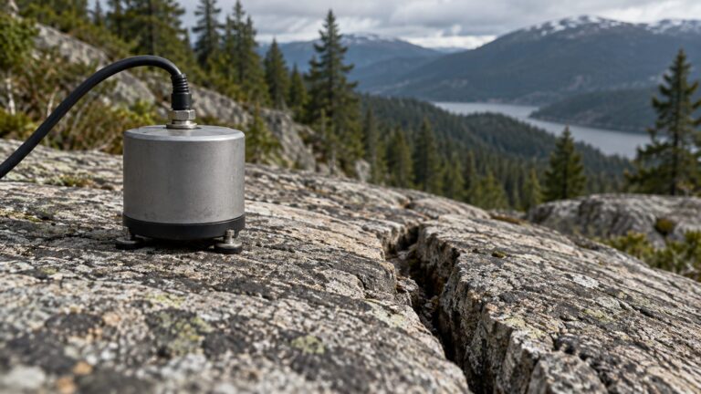 Illustrative seismic sensor on fractured rock in a mountain landscape