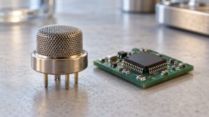 Illustrative gas-sensor package and adjacent electronics on a compact circuit board