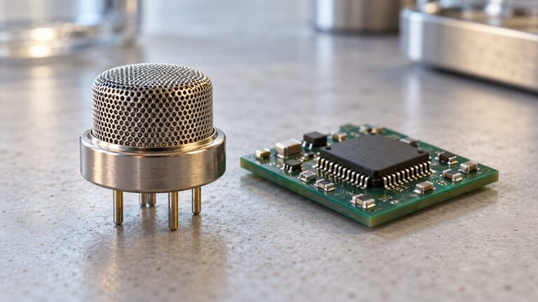 Illustrative gas-sensor package and adjacent electronics on a compact circuit board