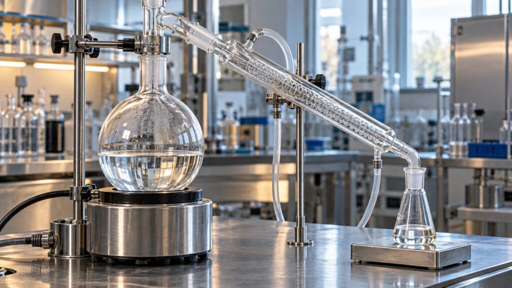 Illustrative glass chemical apparatus with clear liquid in a laboratory