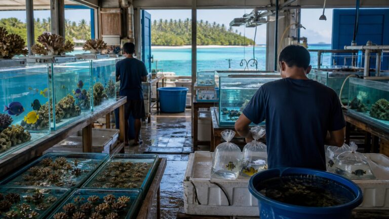 Island aquaculture workers tending ornamental fish tanks in a coastal Lakshadweep hatchery