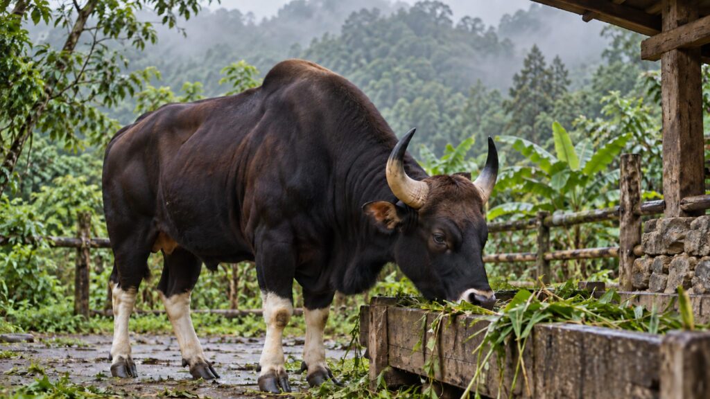 A mithun feeding from a trough beside a forest-edge enclosure