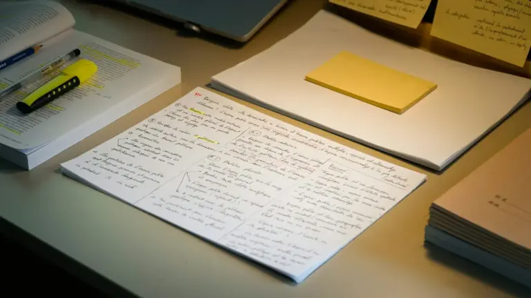 Handwritten revision notes, a yellow sticky note and a highlighter on a study desk