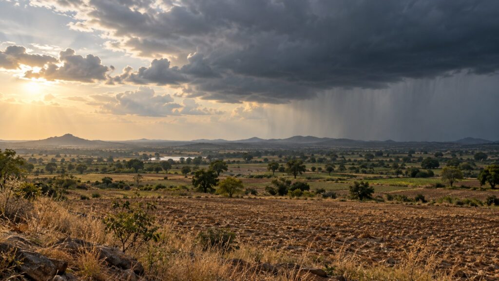 Illustrative dry agricultural landscape beneath clearing sky and a distant rain cloud