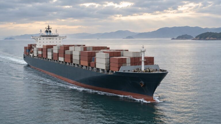 Illustrative intact container ship carrying secured cargo at sea