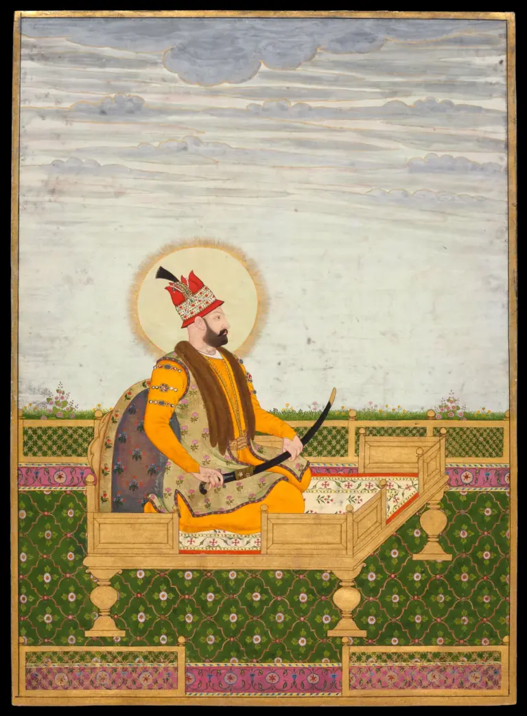 An 18th-century Mughal miniature of Nadir Shah seated on a gold throne with a sword across his lap and a halo behind him