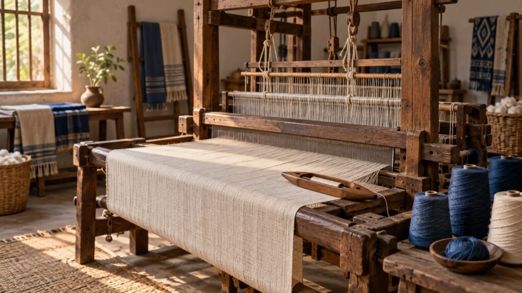 Illustrative small weaving workshop with a wooden loom, cotton warp and yarn cones