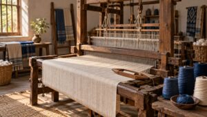Illustrative small weaving workshop with a wooden loom, cotton warp and yarn cones