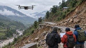 Illustrative search drone above a landslide-affected mountain road and field responders
