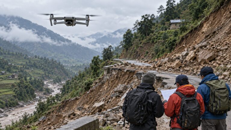 Illustrative search drone above a landslide-affected mountain road and field responders
