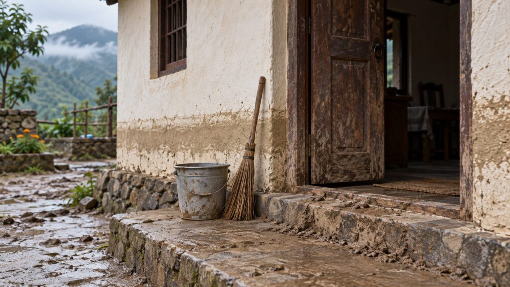 Illustrative silt-marked household doorway with a plain bucket after floodwater recedes