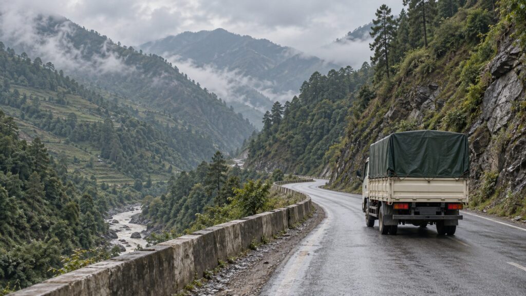 Illustrative cargo truck travelling along a mountain freight road in a Himalayan valley.
