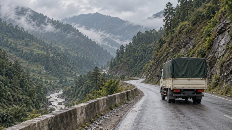 Illustrative cargo truck travelling along a mountain freight road in a Himalayan valley.