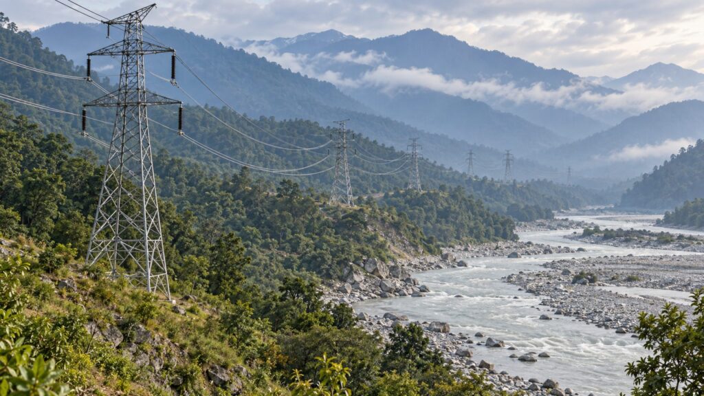 Illustrative electricity transmission pylons following a river through wooded foothills