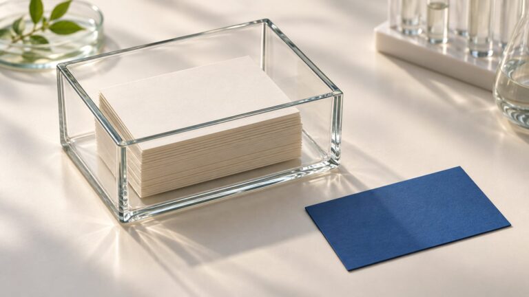Conceptual illustration of blank research records behind translucent partitions and a separate result sheet.