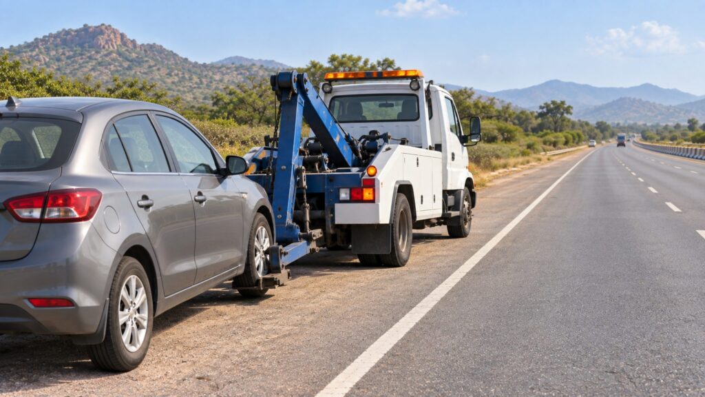 Illustrative scene of a plain tow truck assisting a passenger car on a highway shoulder.