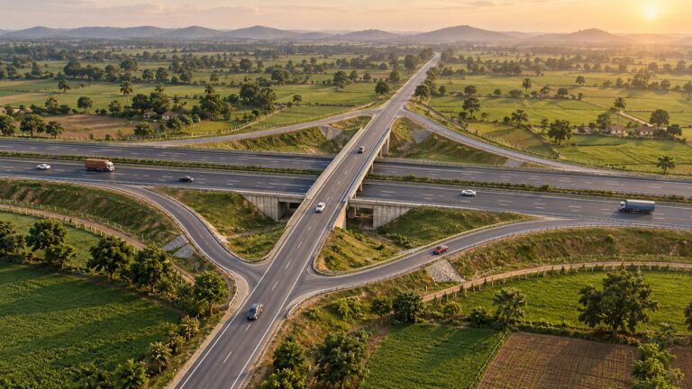 Illustrative aerial view of a highway interchange with a crossing bridge and connecting ramps