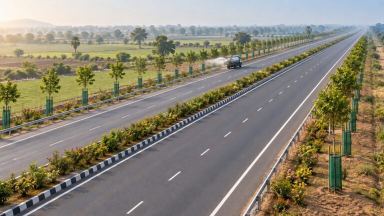 Illustrative divided highway with planted verges and a watering vehicle