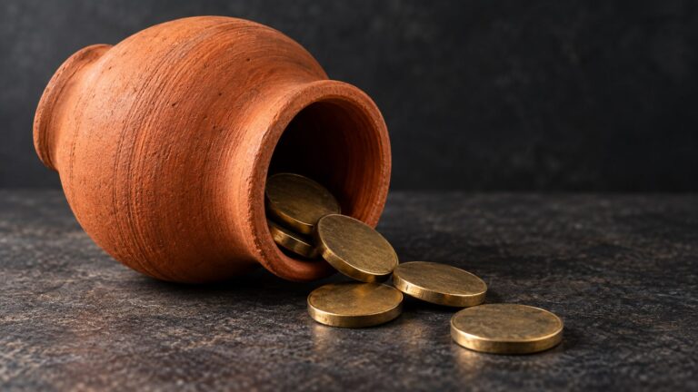 Conceptual terracotta savings pot with plain brass discs