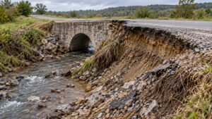 Illustrative erosion beside a masonry culvert and road shoulder