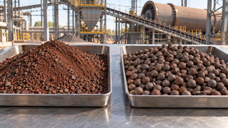Illustrative separate trays of reddish iron ore fines and rounded fired pellets in a pellet plant