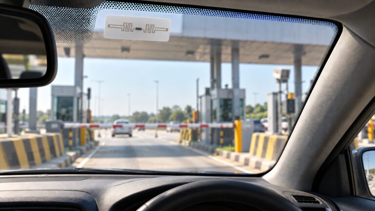 Illustrative unbranded RFID windshield inlay at a toll lane; not an exact depiction of a commercial FASTag design.