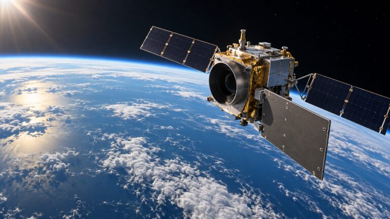 Conceptual Earth-observation satellite with an optical aperture and radar antenna above cloud-covered Earth