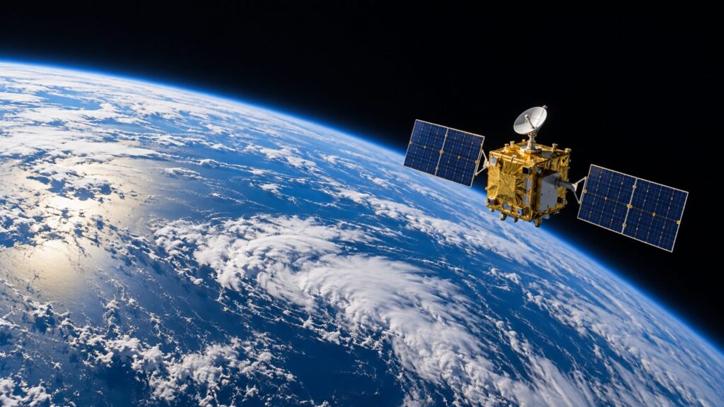 Conceptual illustration of an ordinary satellite above Earth’s ocean and clouds
