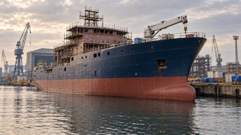 Illustrative unfinished research vessel afloat beside a shipyard