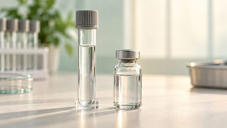 Illustrative unmarked vaccine-style vial and capped laboratory specimen tube