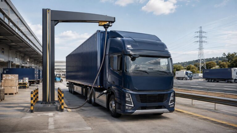 Electric freight truck charging at a logistics hub beside a busy freight corridor