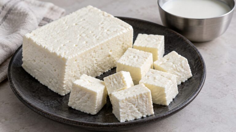 Illustrative white paneer block and cubes on a ceramic plate