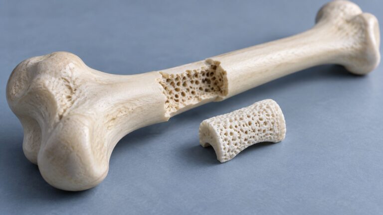 Illustrative porous ceramic scaffold beside a synthetic long-bone teaching model