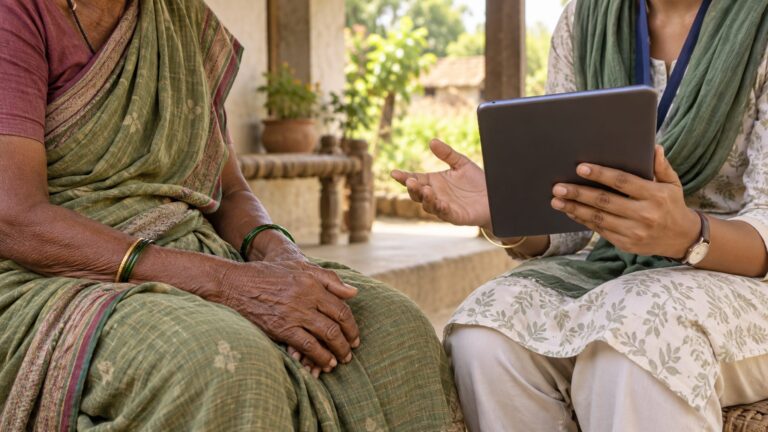 Illustrative scene of a rural woman receiving an explanation from a community worker holding a plain tablet.