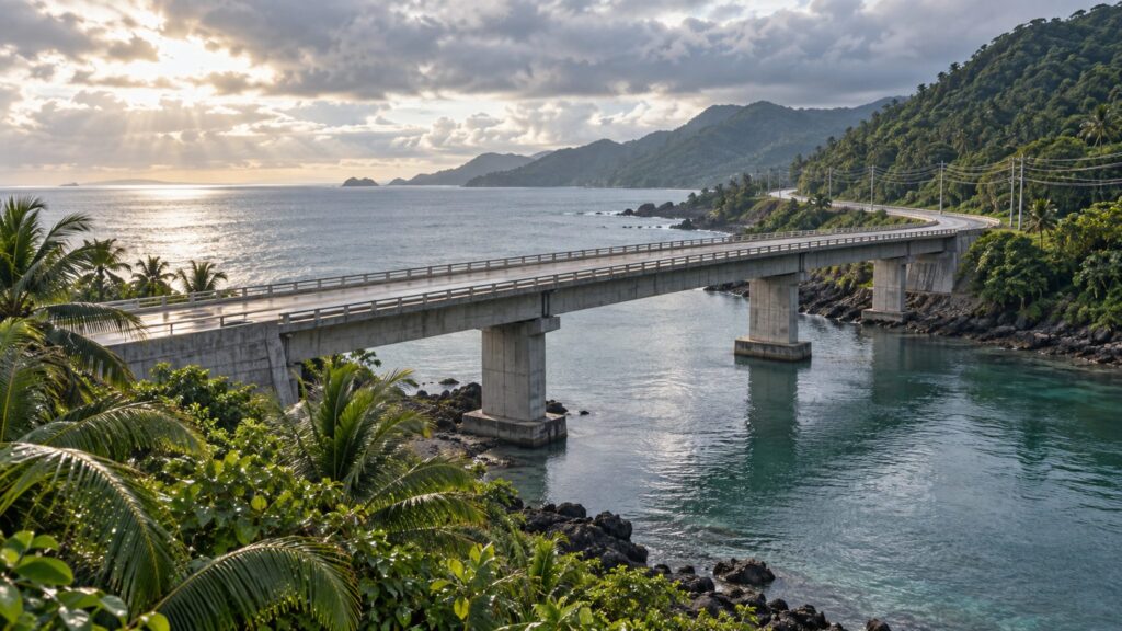 Illustrative elevated coastal road bridge and utility line in a Philippine tropical landscape