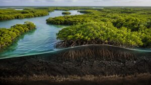 Pichavaram mangrove canopy and tidal channels with a cutaway showing roots and carbon-rich sediment
