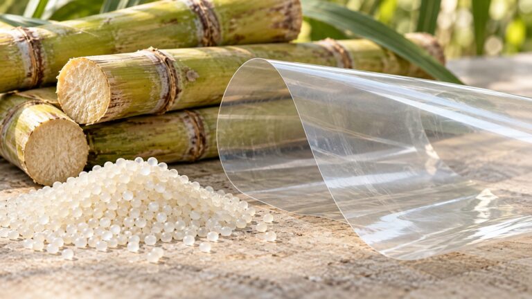 Illustrative sugarcane stalks beside a dish of polymer pellets